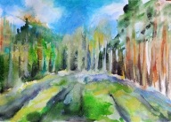 W Borze Głogowskim, akwarela, A4, las, Skoczyk