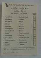 kupon TOTALIZATOR SPORTOWY zestawienie par z roku 1964 Liga Angielska