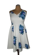 ASOS ROZKLOSZOWANA BIAŁA SUKIENKA NIEBIESKIE BUKIETY 36 38