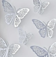 Srebrne Motyle Ażurowe 3D Mieniące 12 szt Ozdoba Dekoracja Topper Silver