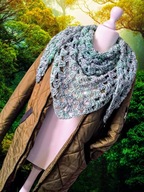 CIEPŁA MIĘKKA SZYDEŁKOWA CHUSTA Z WEŁNY MERINO_MELANŻ ZIELONO/SZARO/BIAŁY