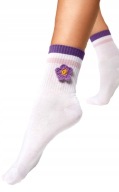 CALZEDONIA białe skarpetki szydełkowy fioletowy kwiatek aplikacja paski UNI