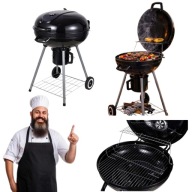 GRILL OGRODOWY WĘGLOWY OKRĄGŁY Z POKRYWĄ Z PODWÓJNYM RUSZTEM + TERMOMETR