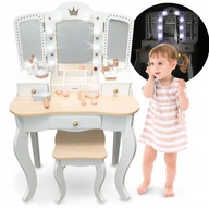 DUŻA DREWNIANA TOALETKA DLA DZIECI Z OŚWIETLENIEM LED TABORETEM AKCESORIAMI