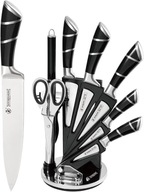 Zestaw Noży Kuchennych 9x Ostrzałka Blok Obrotowy Stal Nierdzewna non-stick