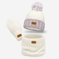 CZAPKA Z POMPONEM + KOMIN SZAL + RĘKAWICZKI zestaw dla dziecka Biały BARTEK