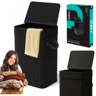 KOSZ NA PRANIE CZARNY BAMBUSOWY SKŁADANY 72l WOLNOSTOJĄCY WĄSKI POJEMNY