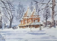 Akwarela Obraz Pejzaż Cerkiew św. Michała Archanioła w Smolniku