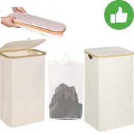 KOSZ NA PRANIE WĄSKI Z POKRYWĄ 63L WYSOKI 70cm BAMBUSOWY BEŻOWY SCHOWEK