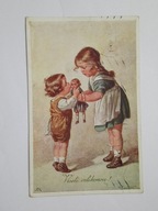 Dzieci z lalką - proj W. Fialkowska - stara pocztówka