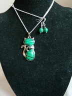 Malachit i srebro, wisiorek kotek na łańcuszku i kolczyki, zestaw biżuterii