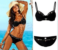 Bikini S 36 B 75/B Z kamieniami strój kąpielowy kostium czarny black