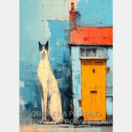 Kot i dom, obraz na płótnie 70x50 ilustracja fantasy miasto drzwi niebieski
