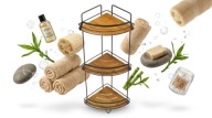 Półka łazienkowa narożna BAMBOO czarna stal z bambusem