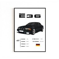 PLAKAT SAMOCHÓD BMW E36 ZE SPECYFIKACJAMI, PLAKATY NA ŚCIANĘ, PREZENT, DOM