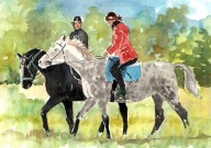 = Obraz =scena rodzajowa=akwarela=KONIE=