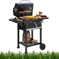 GRILL WĘGLOWY DUŻY MOBILNY Z 3 PÓŁKAMI ŻELIWNY POPIELNIK + TERMOMETR OGRÓD