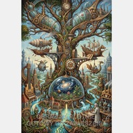 Skomplikowany świat retro miasto drzewo obraz na płótnie 55x80 ilustracja