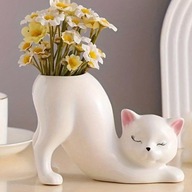 WAZON Kot ceramiczny biały ozdobny, uroczy na kwiaty doniczka taras dom