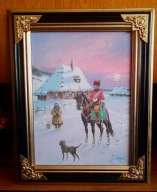 HUZAR NA KONIU -PIĘKNY , STARY OBRAZ OLEJNY NA PŁÓTNIE -J.KOSSAK