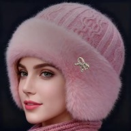 CZAPKA ZIMOWA JESIENNA ocieplana gruba polar RÓŻ futrzana kokarda