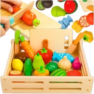 DREWNIANE OWOCE WARZYWA DO KROJENIA MAGNES ZE SKRZYNKĄ ZESTAW DLA DZIECI