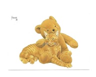 Pocztówka - Rudy kot z pluszowym misiem / Francien