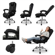FOTEL BIUROWY OBROTOWY ERGONOMICZNY Z PODNÓŻKIEM KRZESŁO SKÓRZANE CZARNY