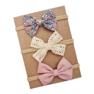 Opaski kokardki zestaw 3 szt brudny róż koronka i w kwiatuszki