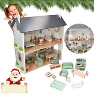 DUŻY PRZYTULNY DREWNIANY DOMEK DLA LALEK WYPOSAŻENIEM DZIECI PREZENT ŚWIĘTA