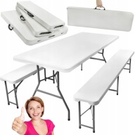 ZESTAW CATERINGOWY STÓŁ SKŁADANY + ŁAWKI 180CM 8 OSÓB OGRODOWY WALIZKA XXL