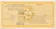 List kredytowy Polski Związek Motorowy 500 zł, stan UNC -