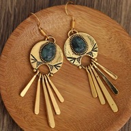 Kolczyki zlote boho z turkusowym kamieniem z wiszącymi elementami CLM63