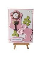 ZAPROSZENIA KOMUNIA DZIEWCZYNKA KIELICH SŁONECZKO RAMKA B6 RÓŻ - BIEL