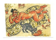 Pocztówka - E. Varekamp, Kobieta na sofie i kot z rybą