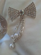 BROSZKA PRZYPINKA PIN perła cyrkonie kokarda srebrna AGRAFKA oryginalna