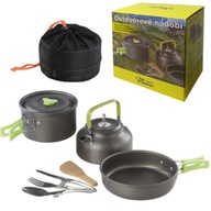 Zestaw naczyń turystycznych dla 2 osób – czajnik, garnek, patelnia, sztućce