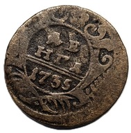 Moneta miedziana Denga (1/2 kopiejki) z 1735 r. cesarzowej Anny Iwanowny.
