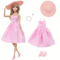 Ubranka dla lalki B. - Sukienka w różową krateczkę, kapelusz, akcesoria !!!