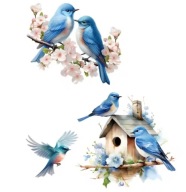 NAKLEJKI NA ŚCIANĘ - NIEBIESKIE PTAKI NA GAŁĘZI KWIATY BUDKA LĘGOWA PTAK