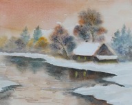 Zimowy pejzaż nad stawem Akwarela Sabina Salamon 24x30