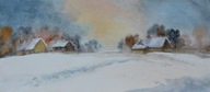 Zimowy pejzaż,chaty Akwarela Sabina Salamon 45x20