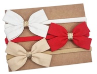 Opaski kokardki zestaw 3 szt biała czerwona i beżowa dla dziewczynki