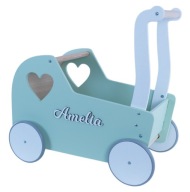 Retro matcha green & biały - drewniany wózek dla lalek + imię