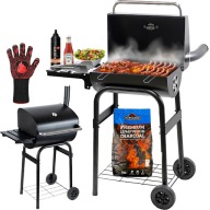 GRILL WĘGLOWY OGRODOWY DUŻY POKRYWA +TERMOMETR PÓŁKI NA KÓŁKACH STALOWY 9w1