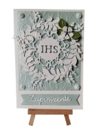 ZAPROSZENIA KOMUNIA CHŁOPIĘCE HOSTIA W LIŚCIACH – B6 – BŁĘKIT – BIEL