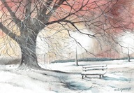 Pejzaż zimowy - akwarela z passe - partout