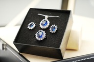 Zestaw Biżuterii Srebrnej 925 Niebieski Owal Naszyjnik Kolczyki Pierścionek