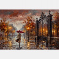 Kobieta jesień ulica brama liść obraz olejny 55x80 czerwony parasol miasto
