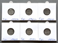 PRL 5 GROSZY 1959-1971 W HOLDERACH ZESTAW 6 SZT.